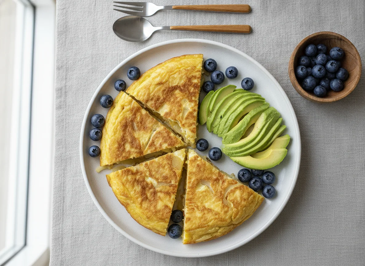 Desayuno con tortilla, aguacate y arándanos photo