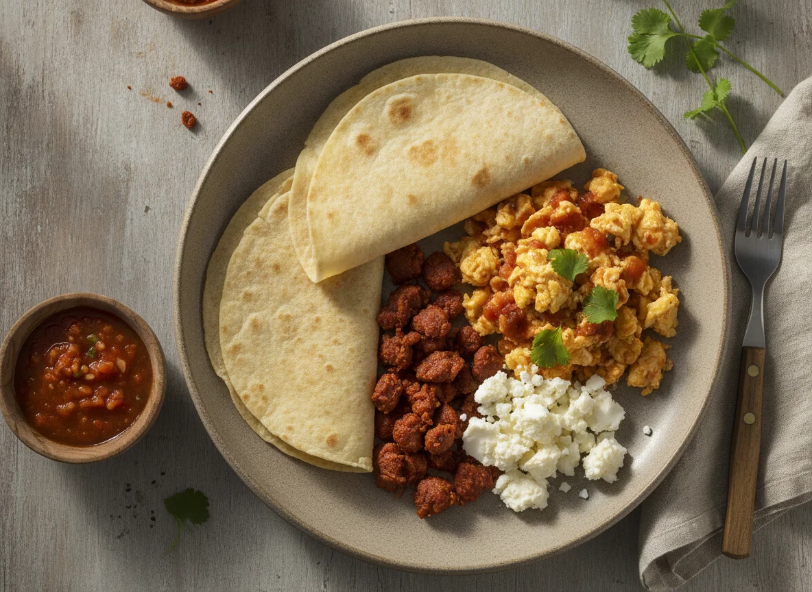 Desayuno con tortilla, chorizo, huevo y queso photo