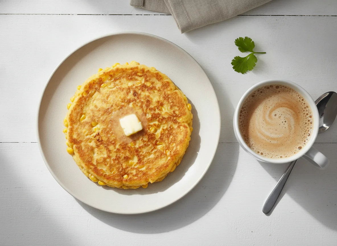 Desayuno con tortilla de choclo y café con leche photo