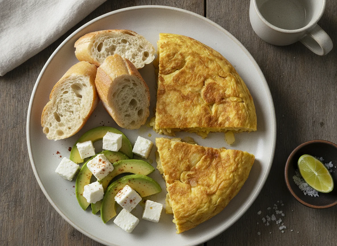 Desayuno con tortilla de huevo, pan, queso y aguacate photo