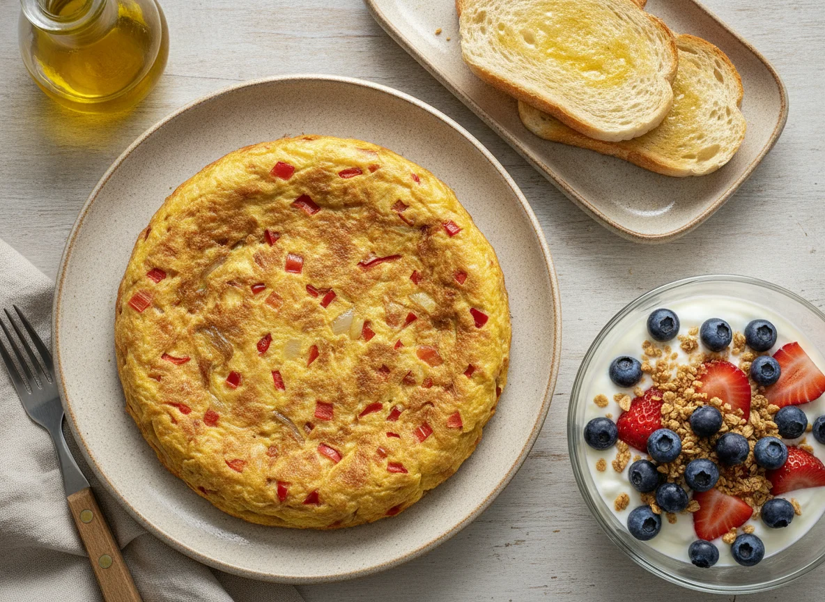Desayuno con tortilla de huevo, pan tostado y bowl de yogurt con frutas photo