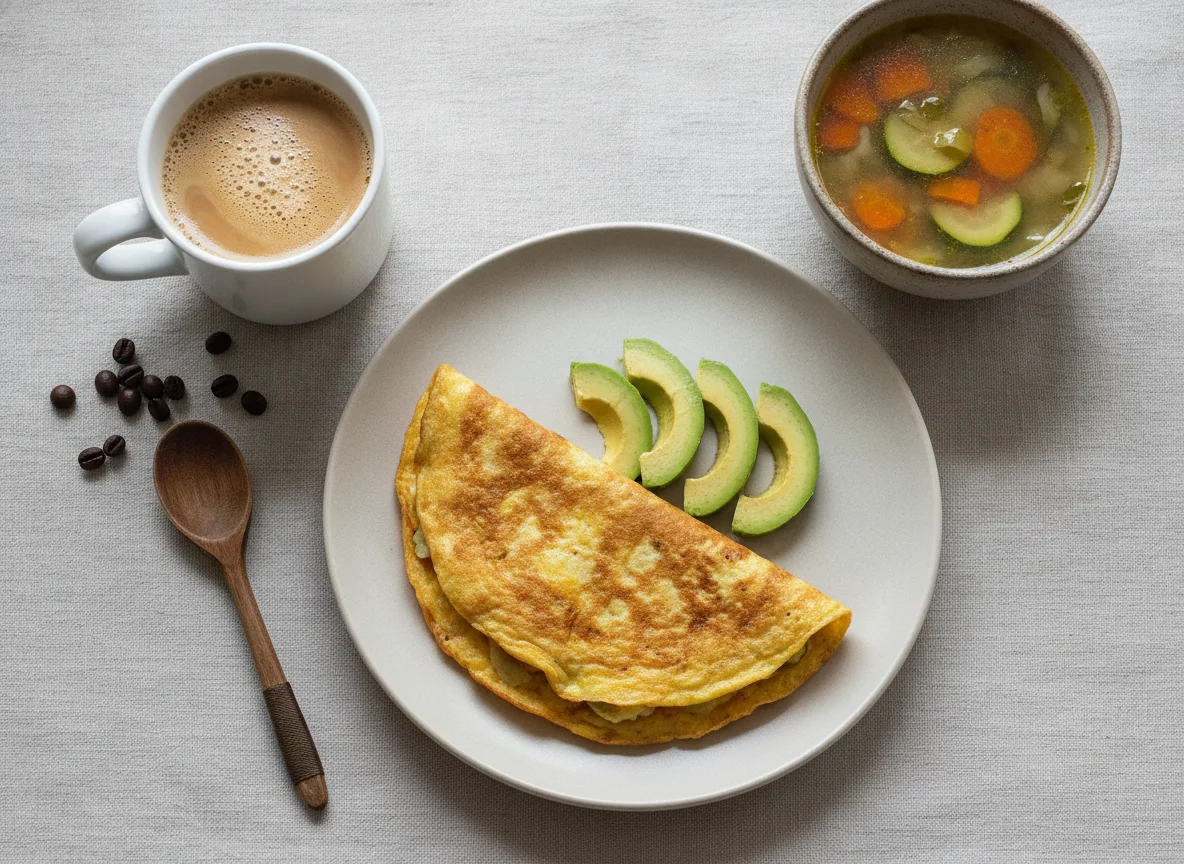 Desayuno con tortilla de huevo, sopa de verduras y café con leche photo