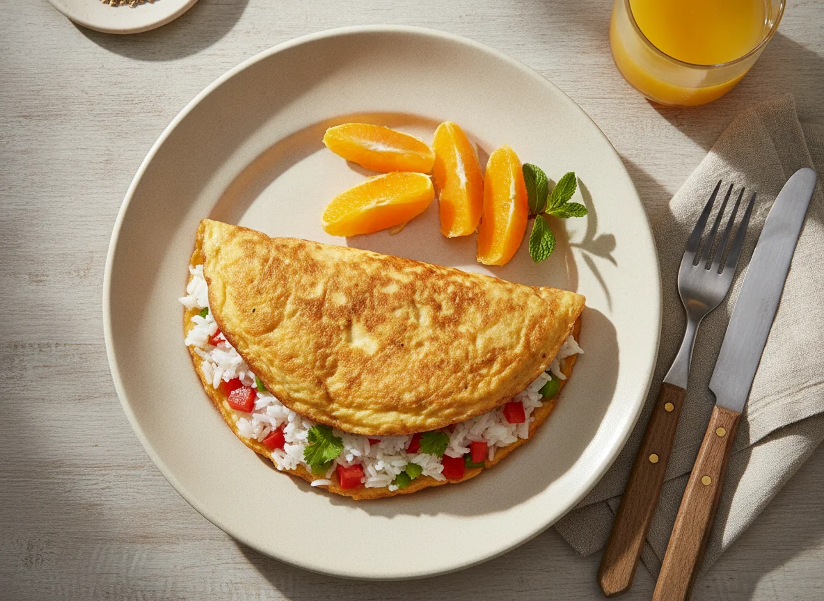 Desayuno con tortilla de huevo y naranja photo