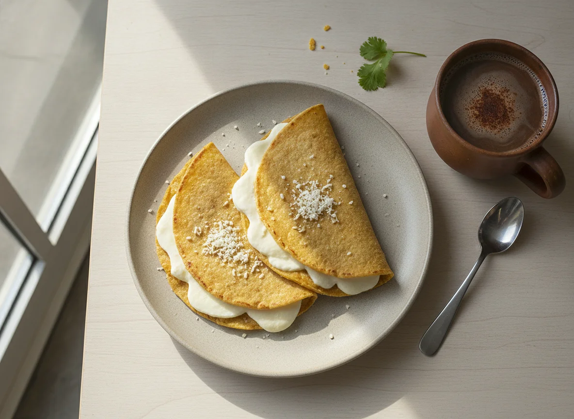 Desayuno con tortilla de maíz y queso photo