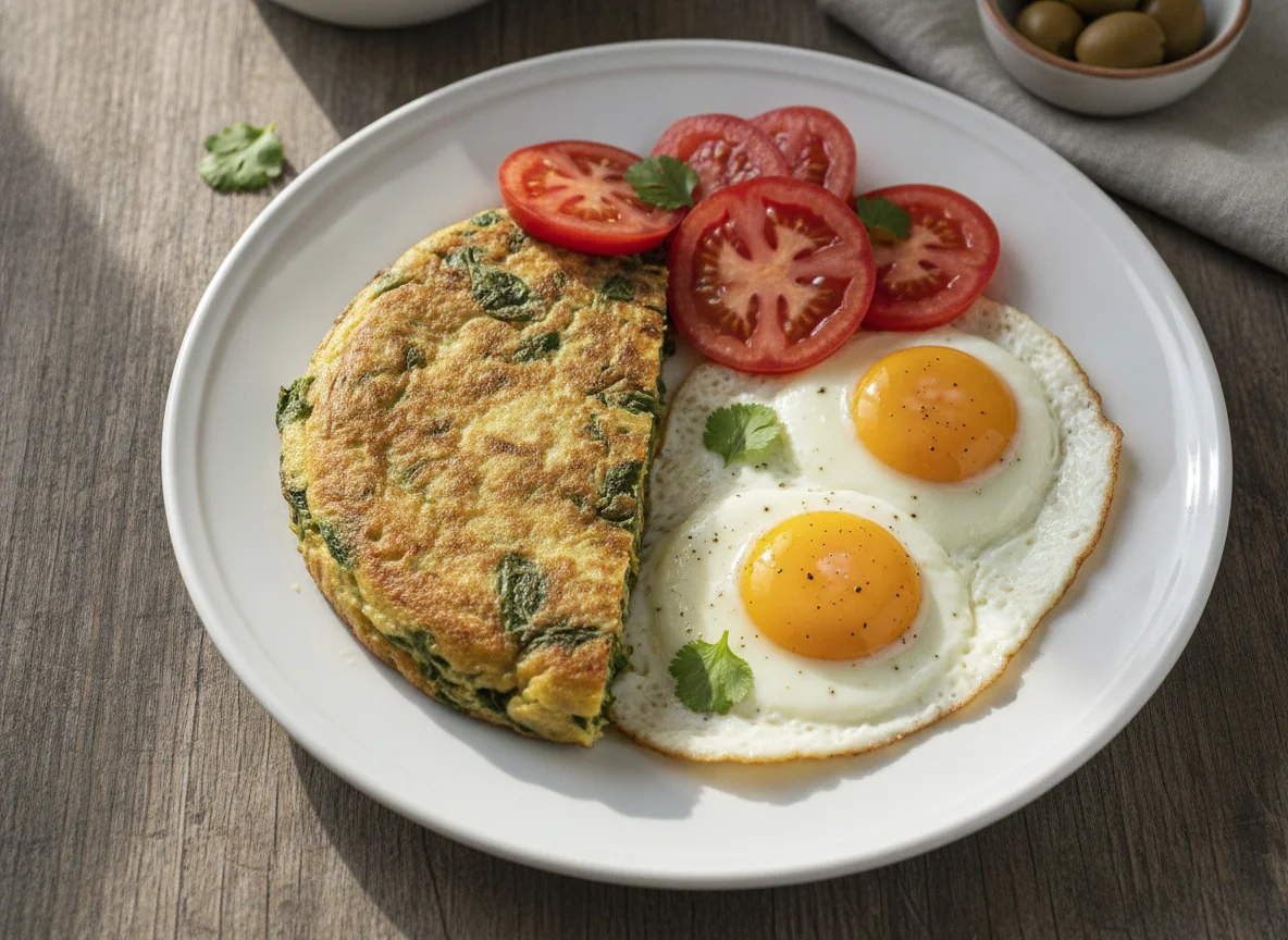 Desayuno con tortilla de verduras y huevos fritos photo