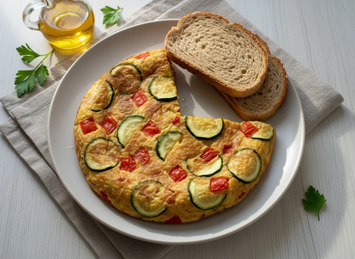 Desayuno con tortilla de verduras y pan integral photo