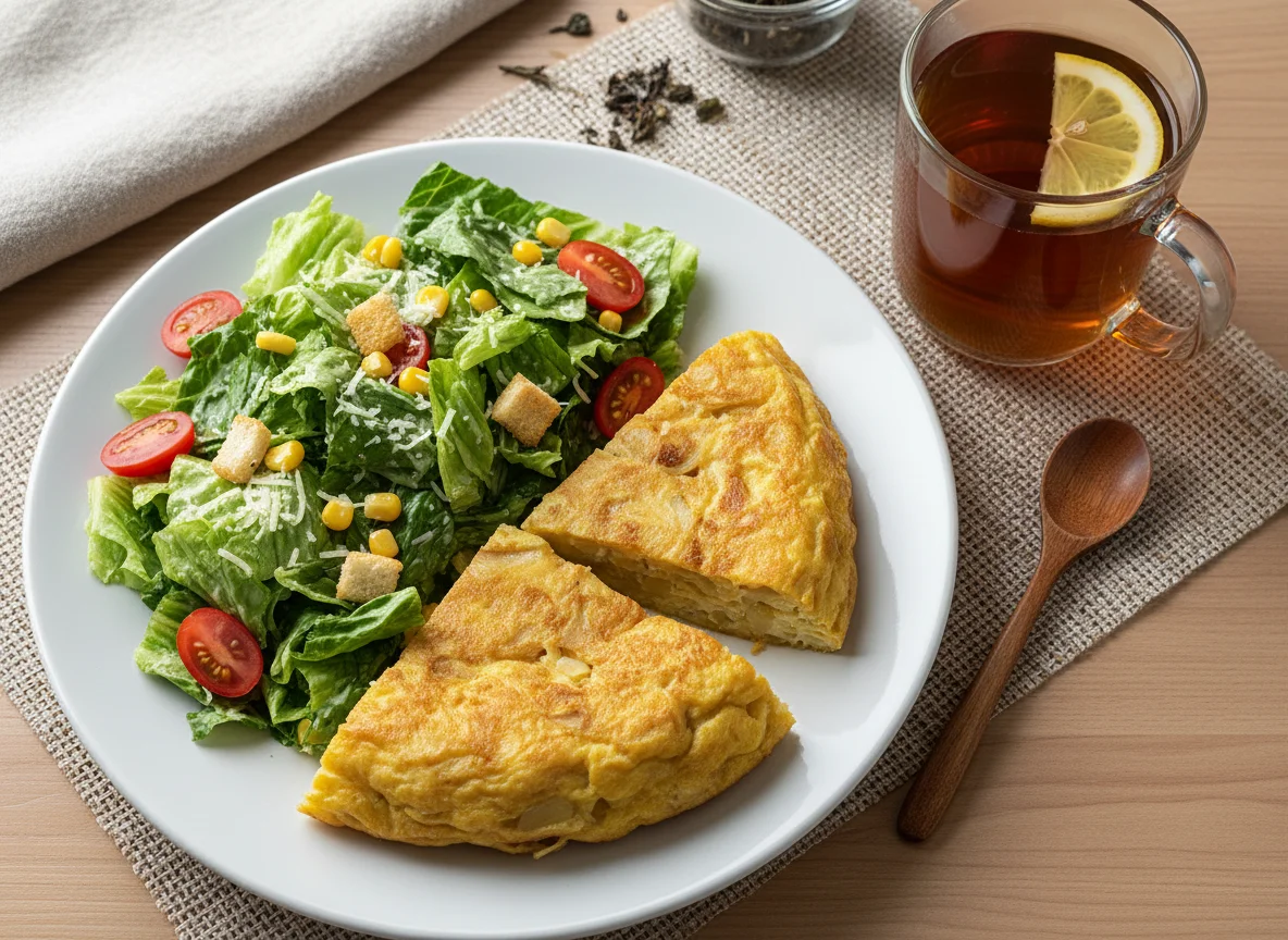 Desayuno con tortilla, ensalada y té photo