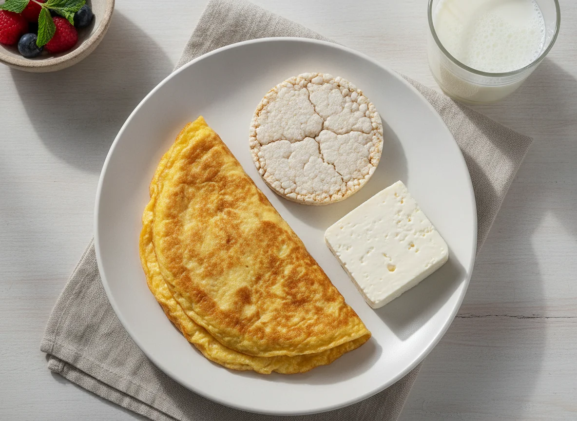 Desayuno con tortilla, galleta de arroz, queso y leche photo