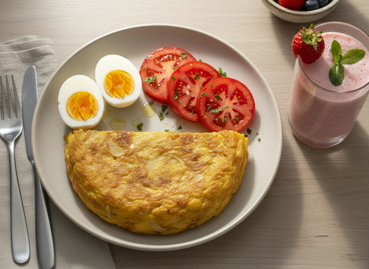 Desayuno con tortilla, huevos cocidos, tomate y batido photo