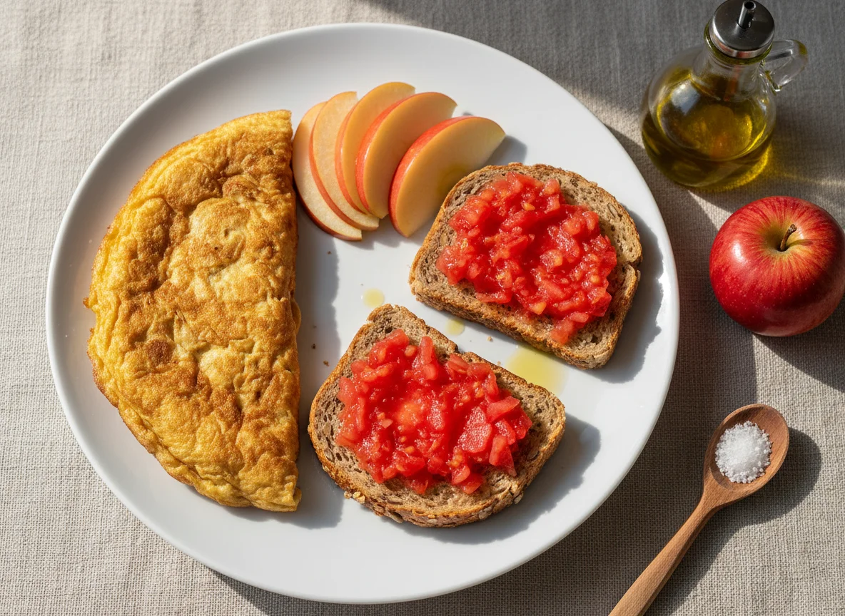 Desayuno con tortilla, manzana y tostada photo