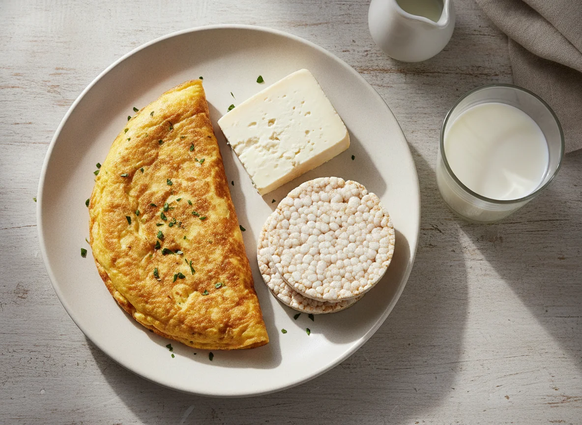 Desayuno con tortilla, queso, galleta de arroz y leche photo