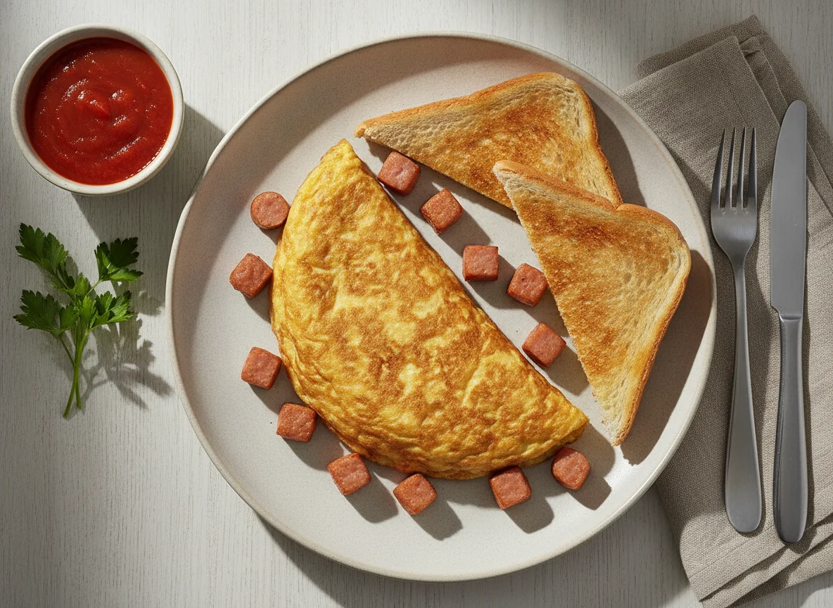 Desayuno con tortilla, salchichas y tostadas photo