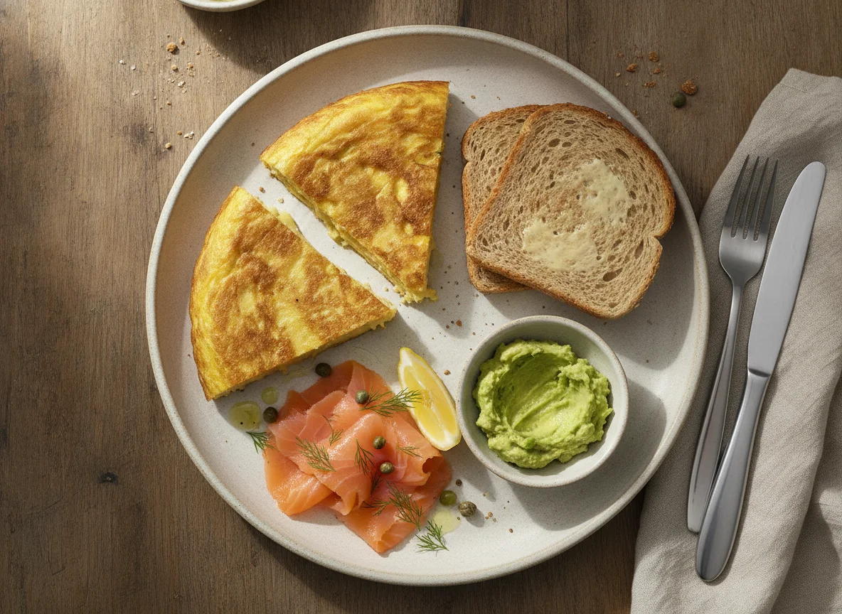 Desayuno con tortilla, salmón y tostada photo