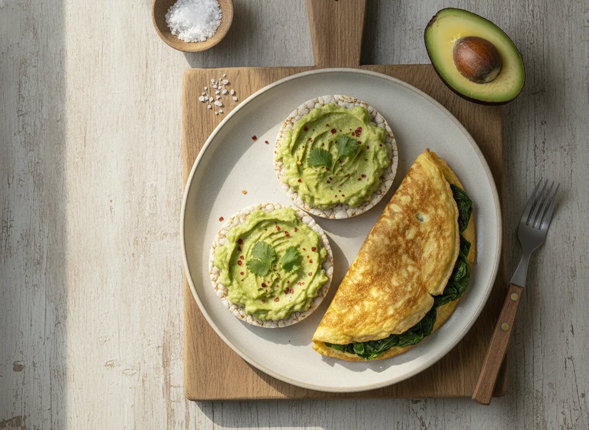 Desayuno con tortilla y tortitas de arroz con aguacate photo