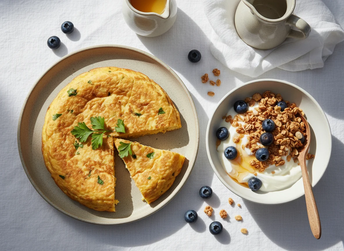 Desayuno con tortilla y yogur con granola photo