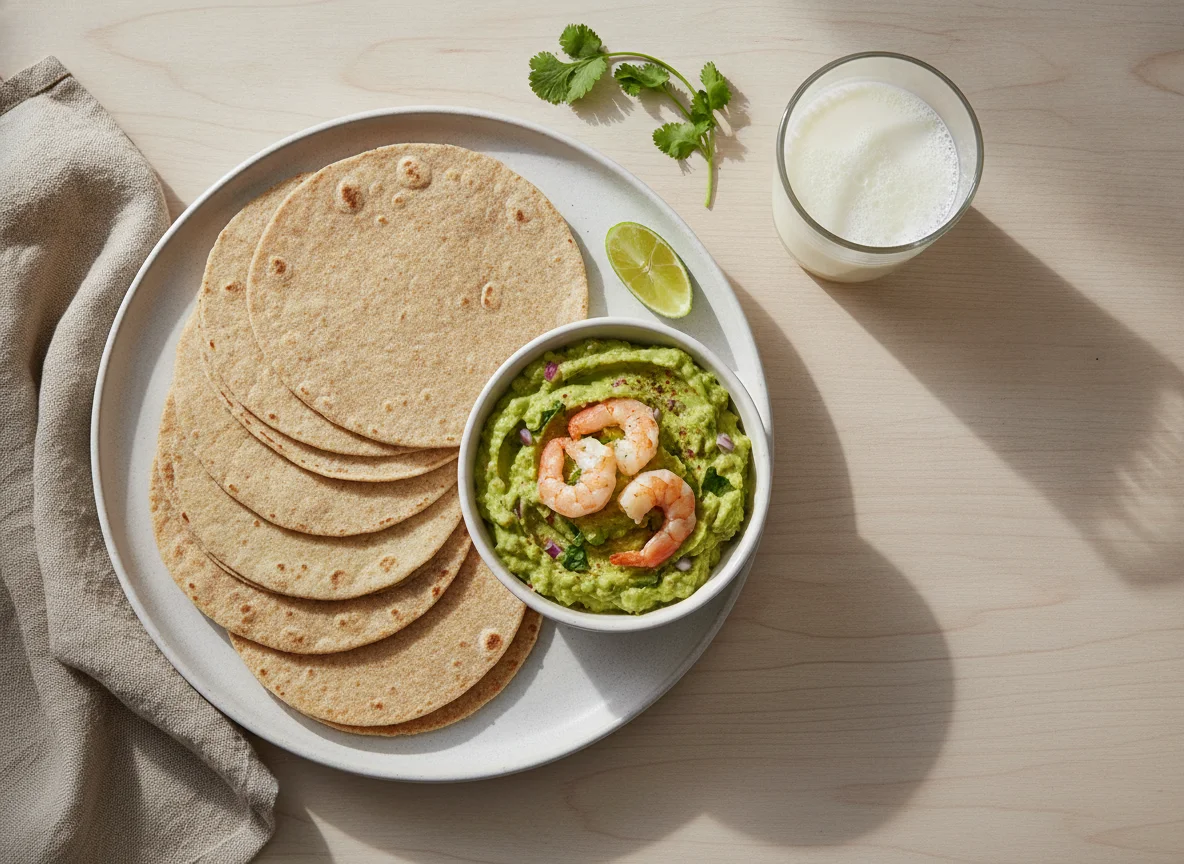 Desayuno con tortillas, guacamole con gambas y leche photo