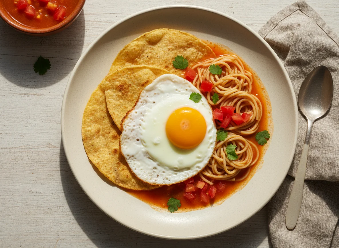 Desayuno con tortillas, huevo y pasta photo