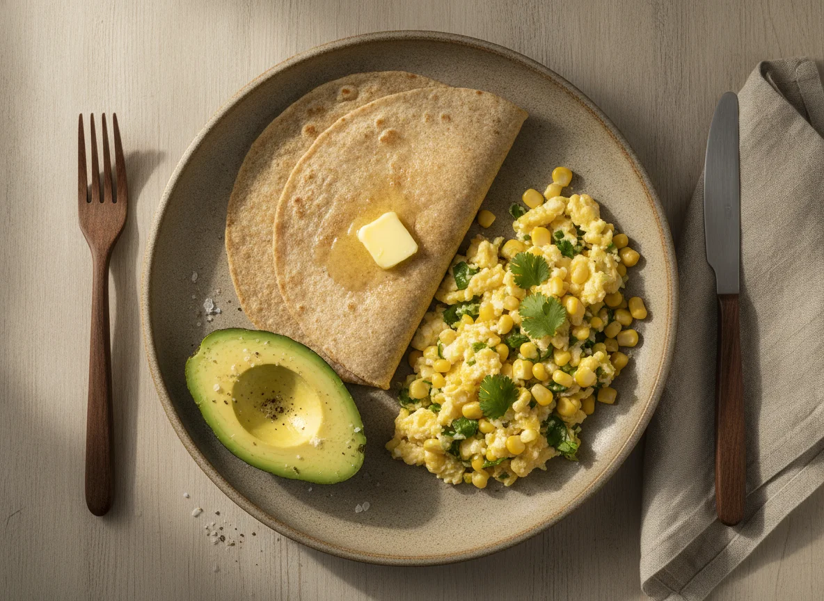 Desayuno con tortillas, huevos revueltos y aguacate photo
