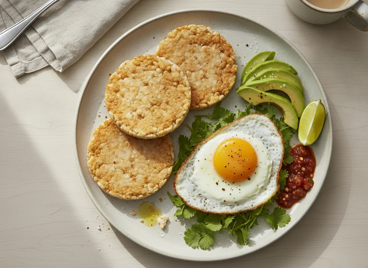 Desayuno con tortitas de arroz, aguacate y huevo frito photo