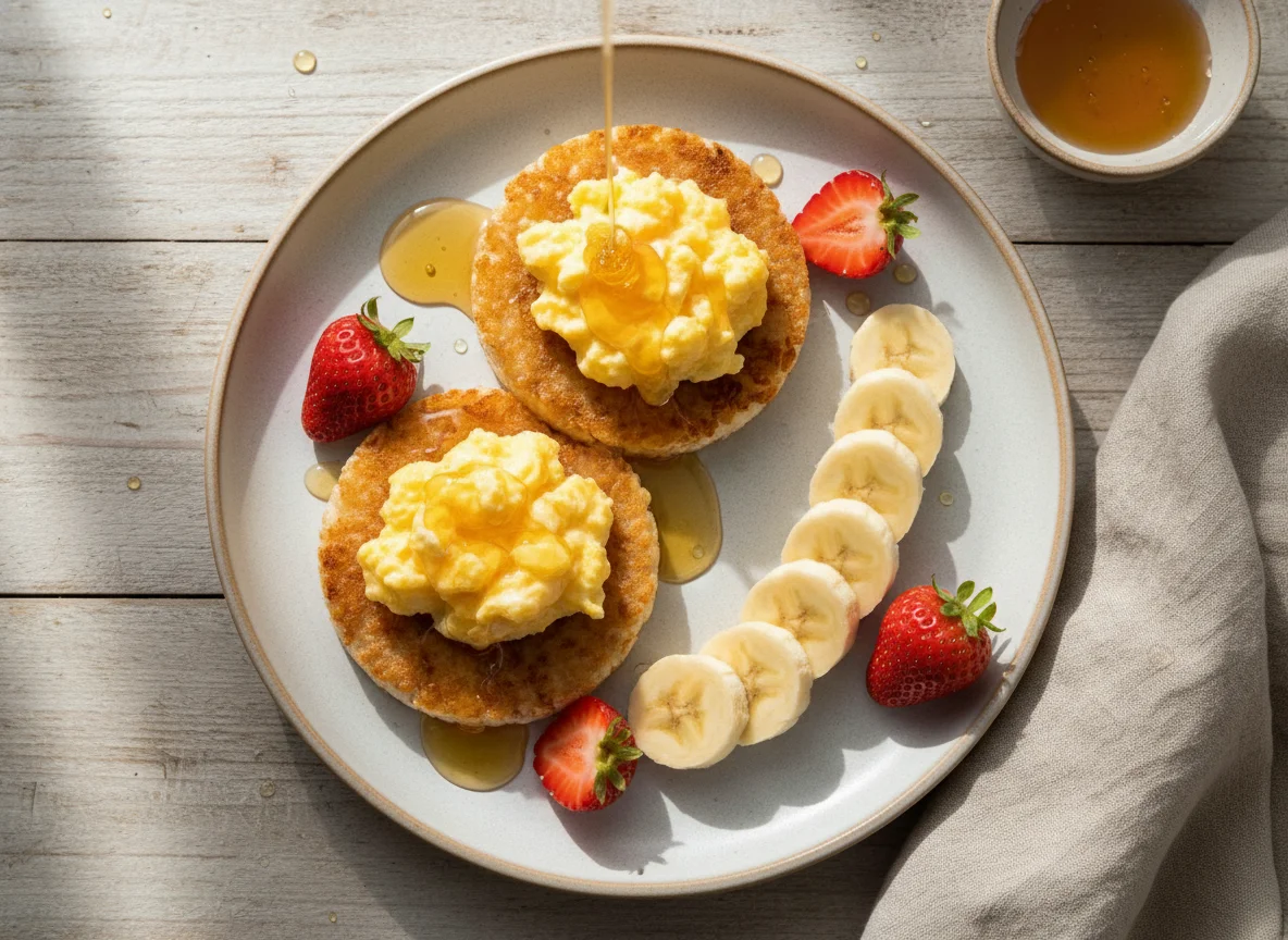 Desayuno con tortitas de arroz, huevo y frutas photo