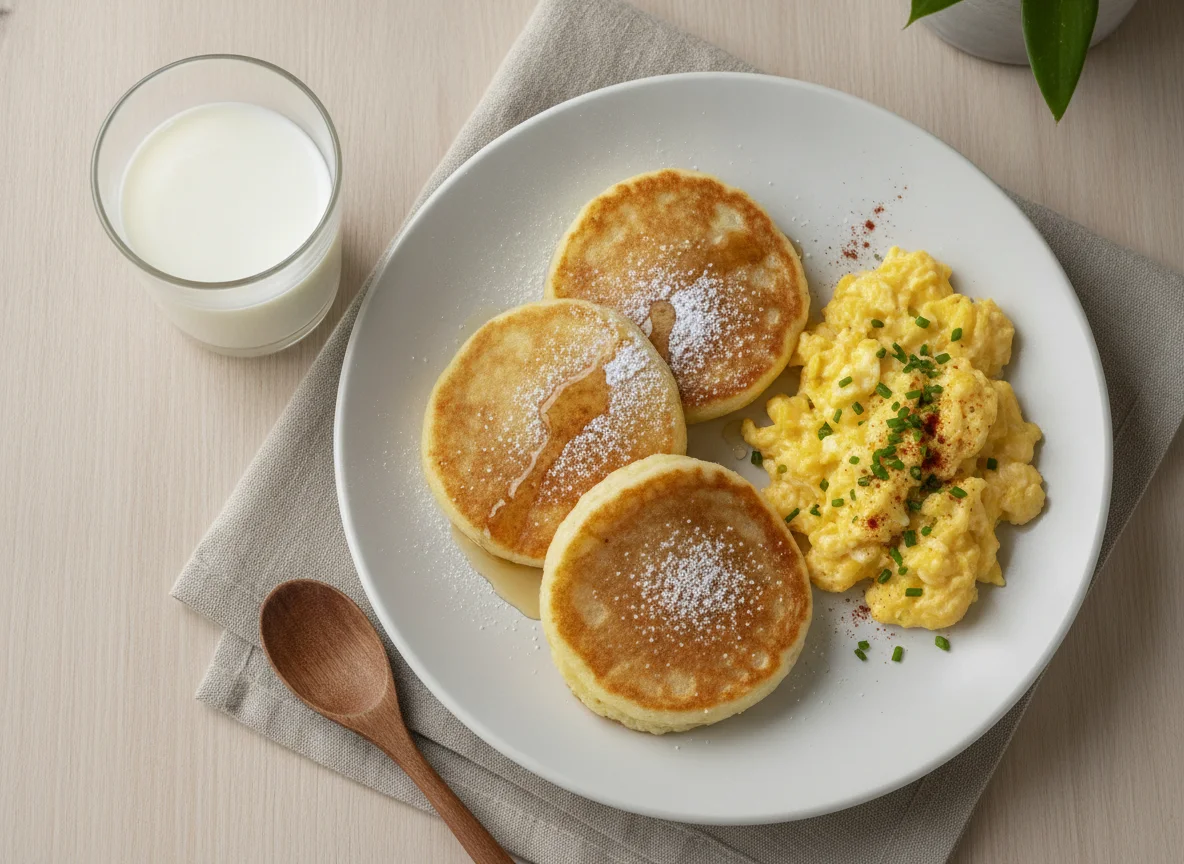 Desayuno con tortitas de arroz, huevos revueltos y leche photo