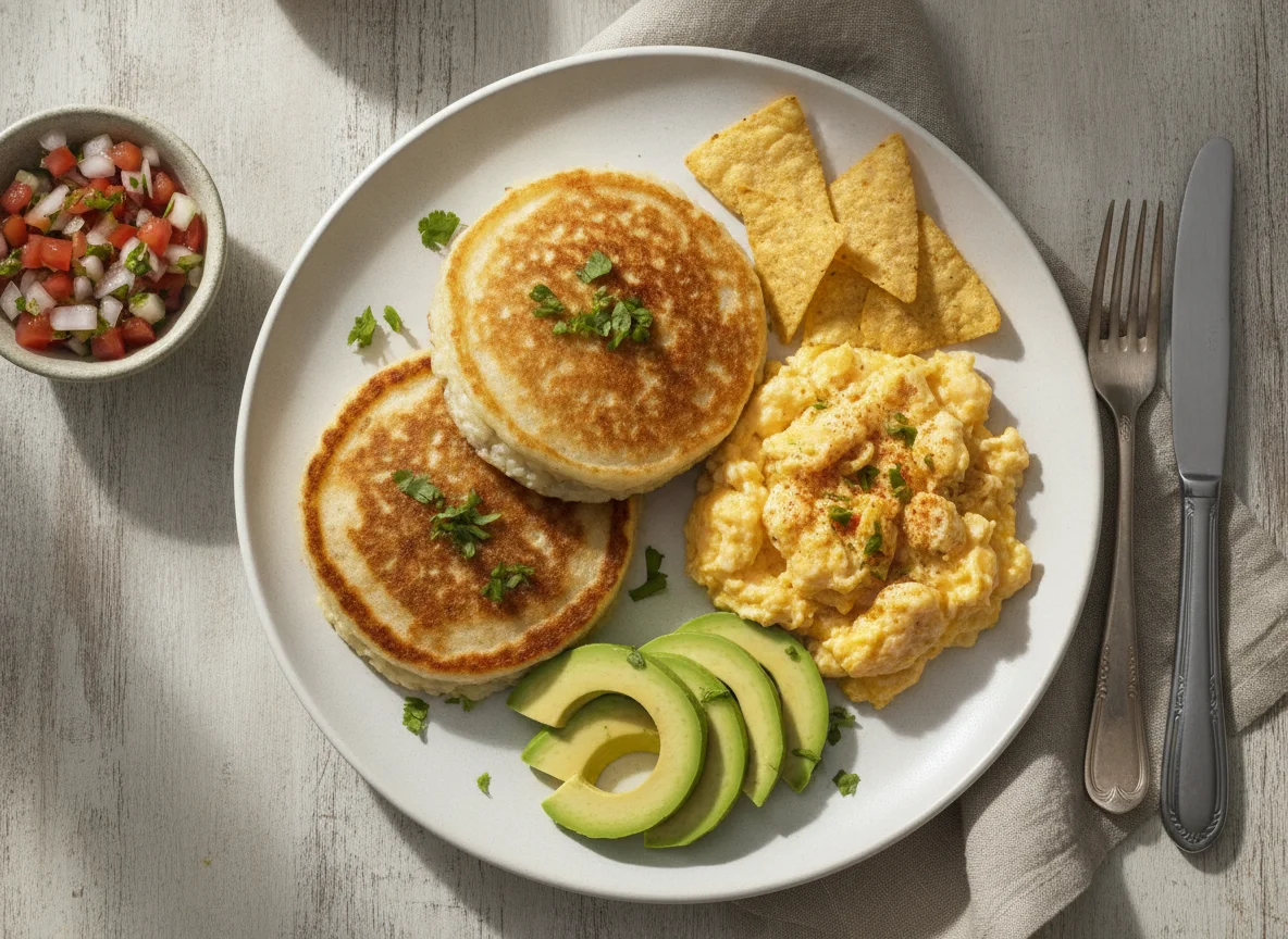 Desayuno con tortitas de arroz y huevos revueltos photo