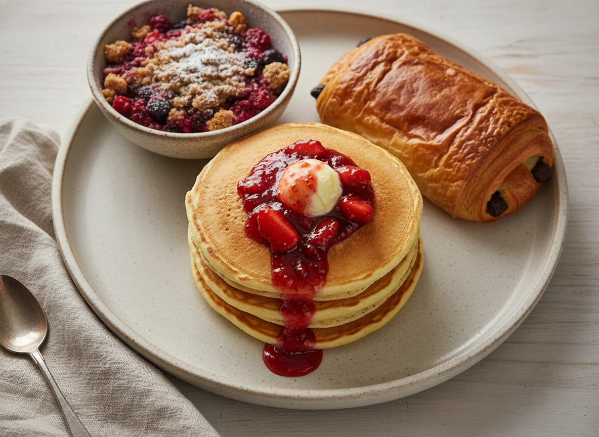 Desayuno con tortitas y bollería photo