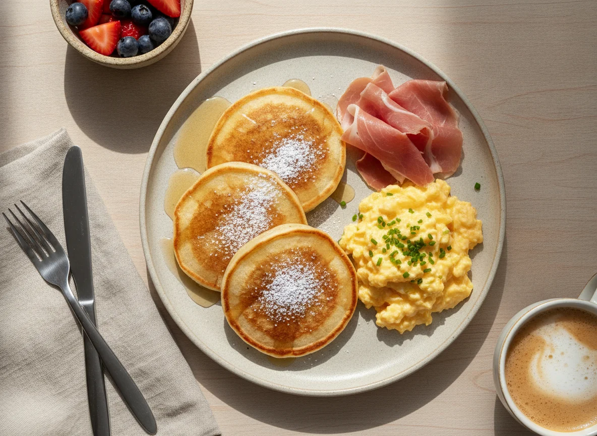 Desayuno con tortitas y huevos revueltos photo