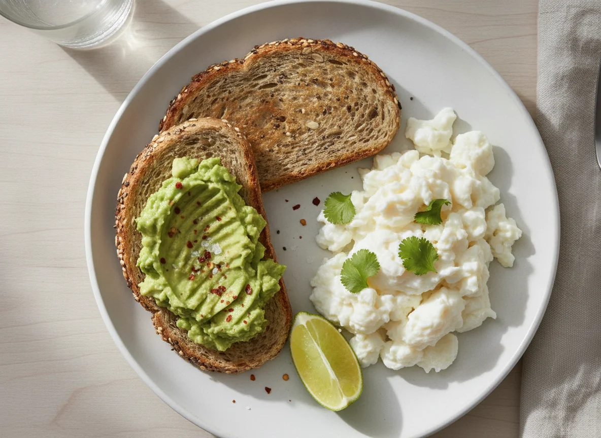 Desayuno con tostada, aguacate y claras de huevo photo
