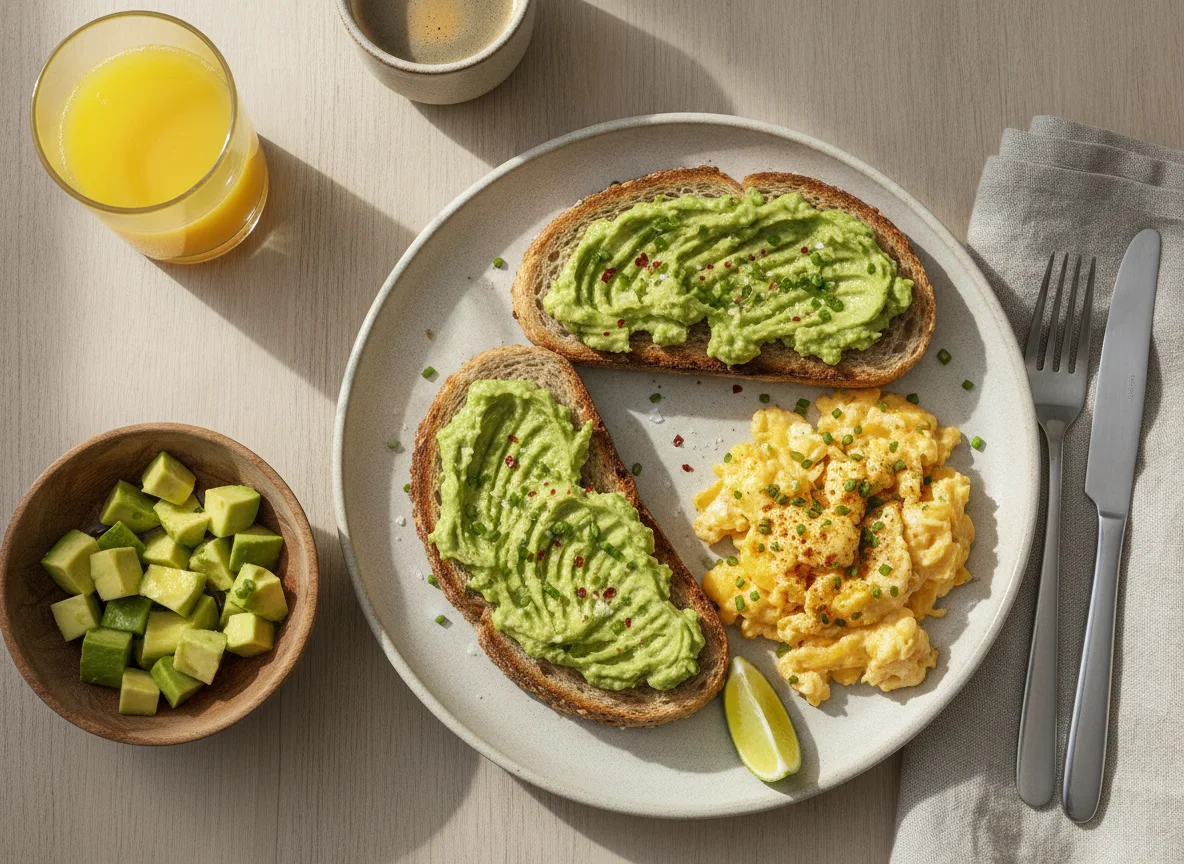 Desayuno con tostada, aguacate y huevos revueltos photo