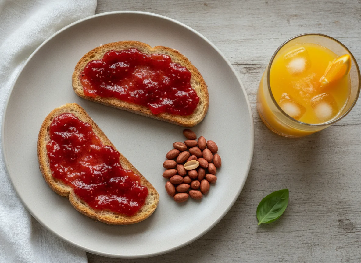 Desayuno con tostada, cacahuetes y zumo photo