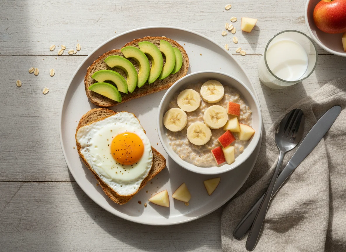 Desayuno con tostada de aguacate, huevo frito y avena con fruta photo
