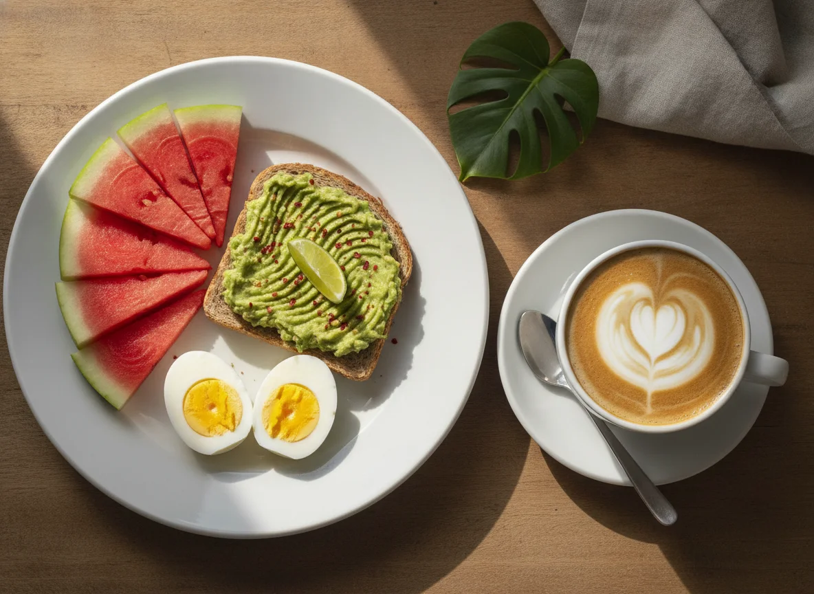 Desayuno con tostada de aguacate, huevos cocidos, sandía y café con leche photo