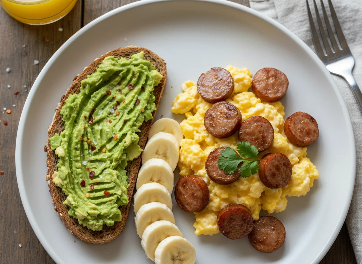 Desayuno con tostada de aguacate, plátano y huevos revueltos con salchichas photo
