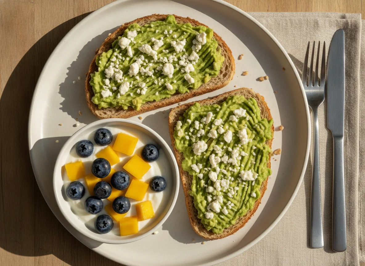 Desayuno con tostada de aguacate y ensalada de frutas photo