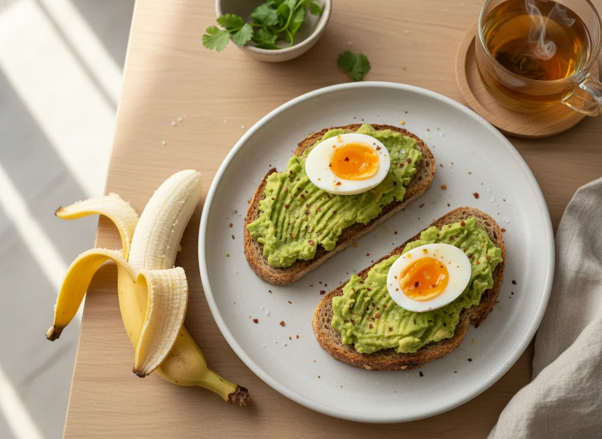 Desayuno con tostada de aguacate y huevo, banana y té photo