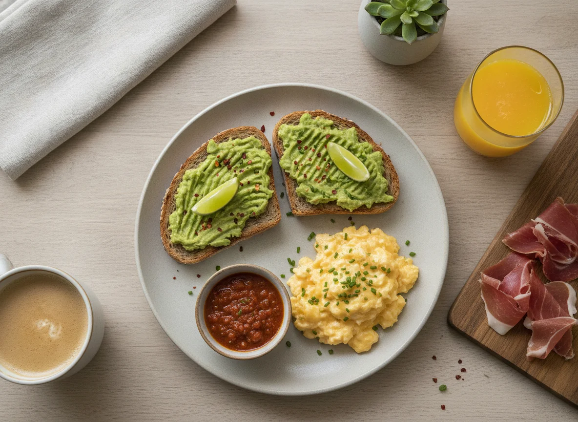 Desayuno con tostada de aguacate y huevos revueltos photo