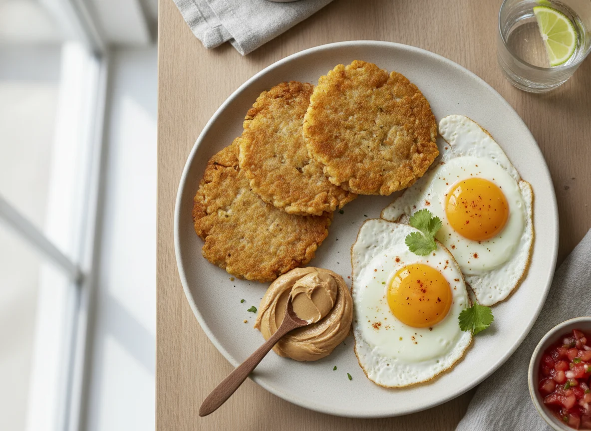 Desayuno con tostada de arroz y huevos photo
