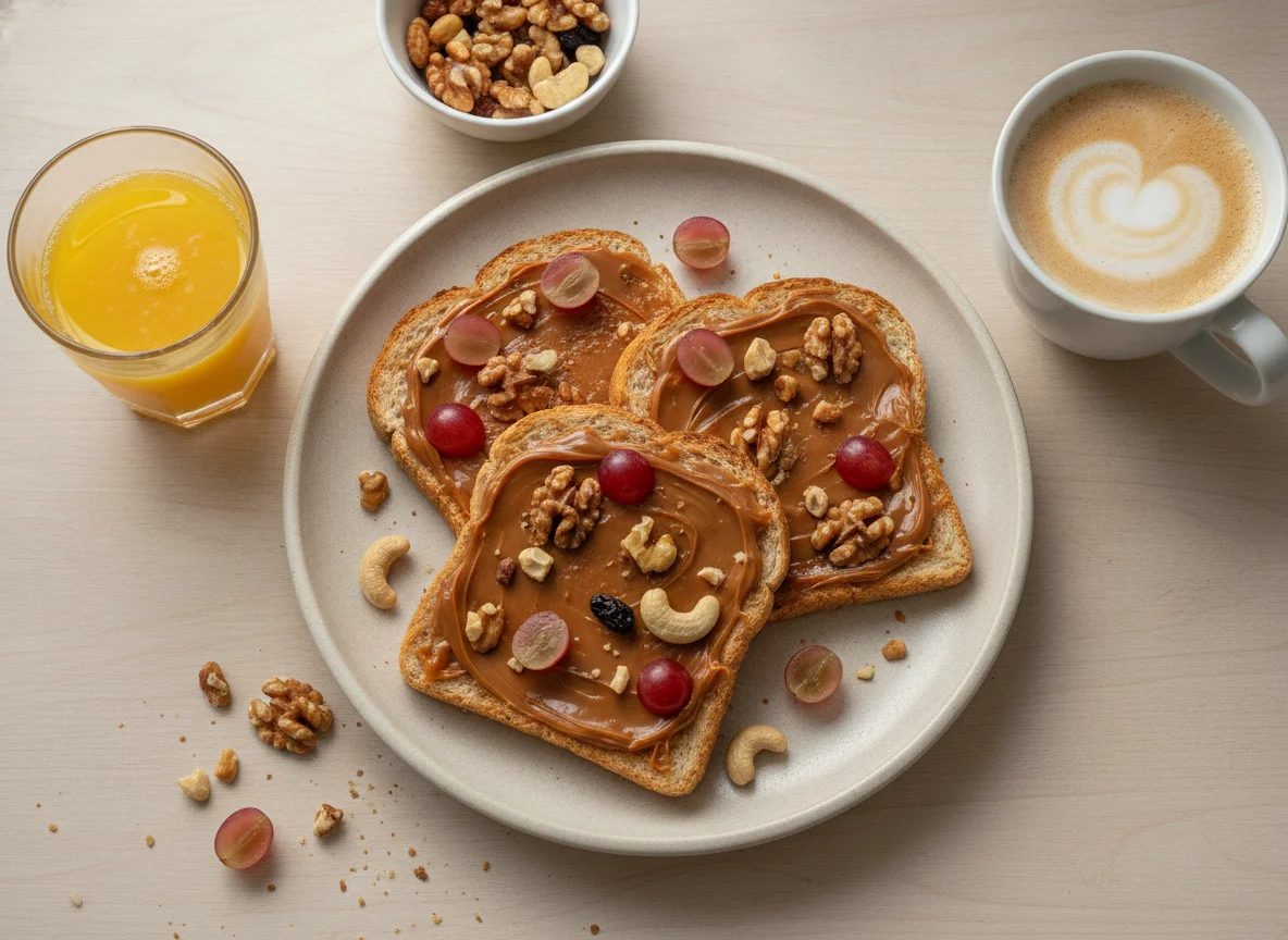 Desayuno con tostada de dulce de leche, frutas secas y jugo photo