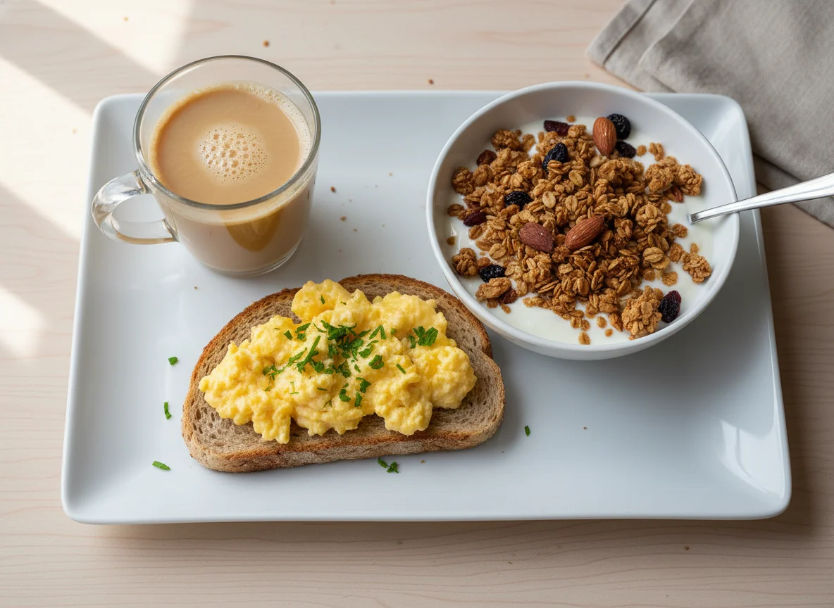 Desayuno con tostada de huevo, yogur con granola y café con leche photo