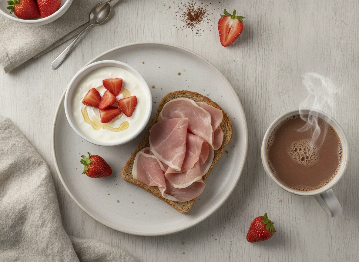 Desayuno con tostada de jamón, fresas y bebida caliente photo