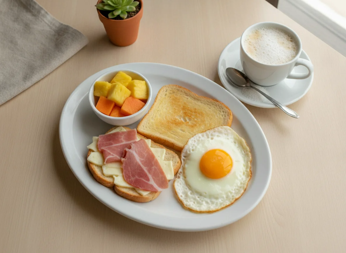 Desayuno con tostada de jamón y queso, fruta y café photo