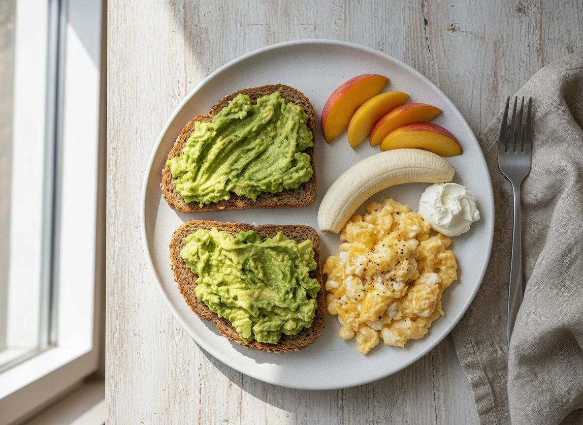 Desayuno con tostada de palta, huevo revuelto y frutas photo