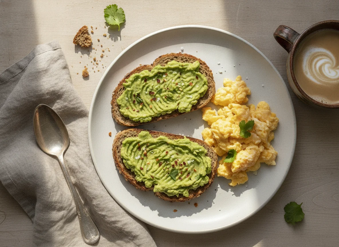 Desayuno con tostada de palta, huevos revueltos y bebida caliente photo