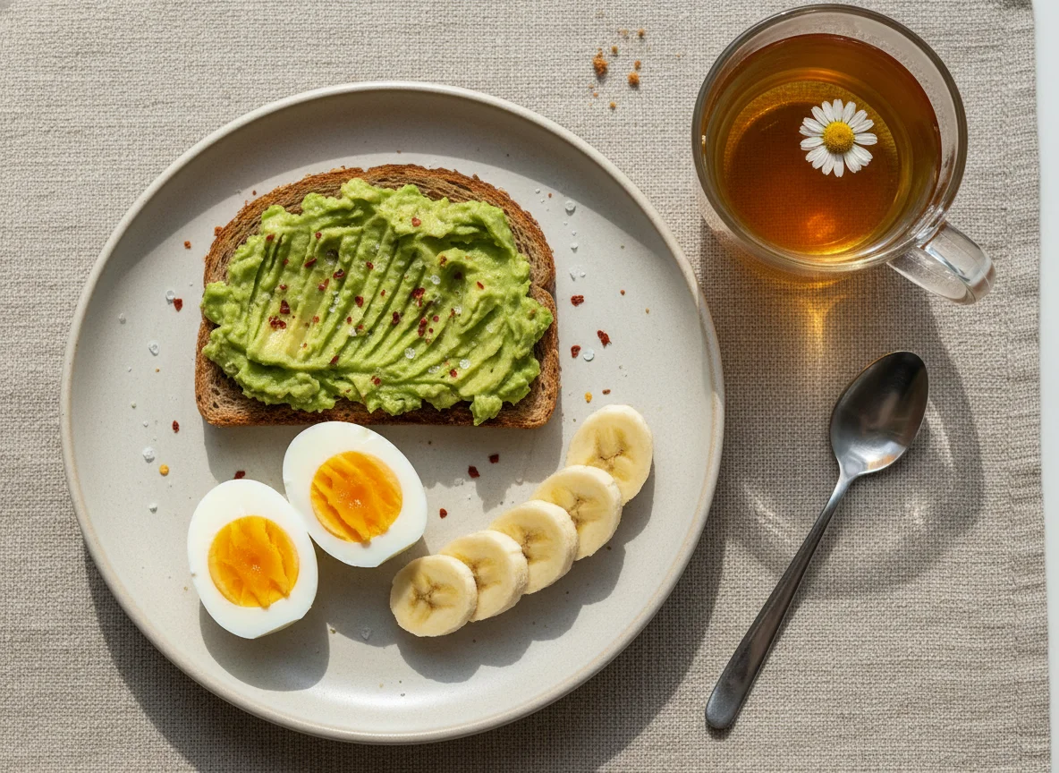 Desayuno con tostada de palta, huevos y banana photo