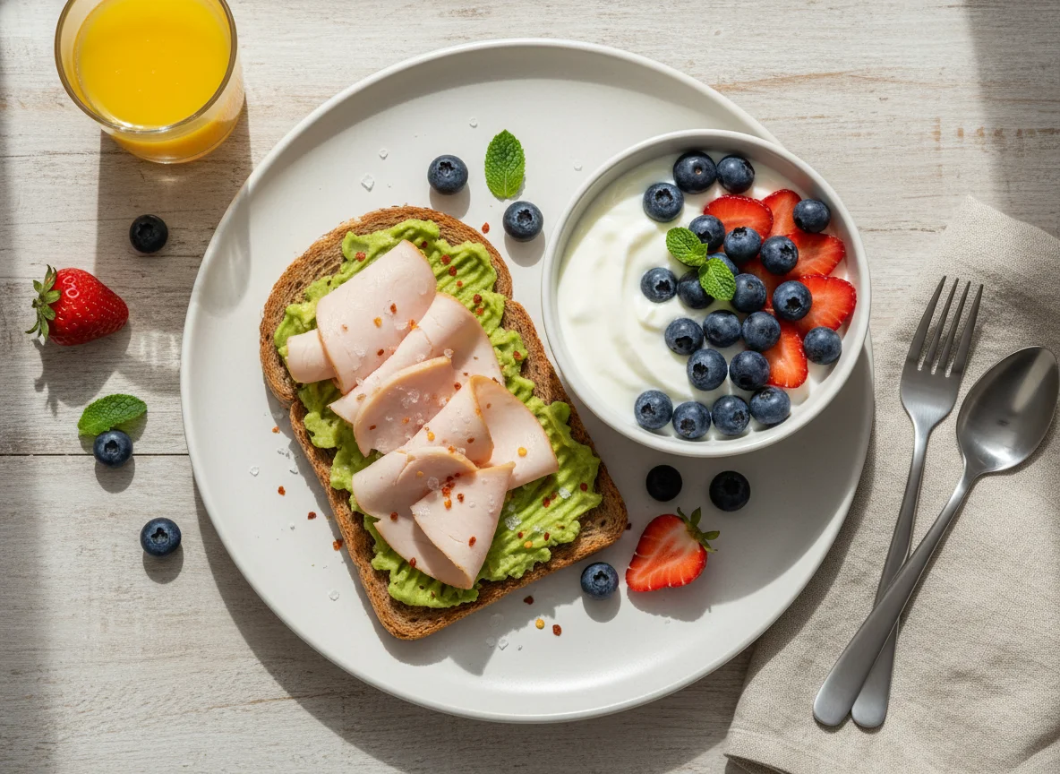 Desayuno con tostada de palta, pavo y yogur con frutas photo