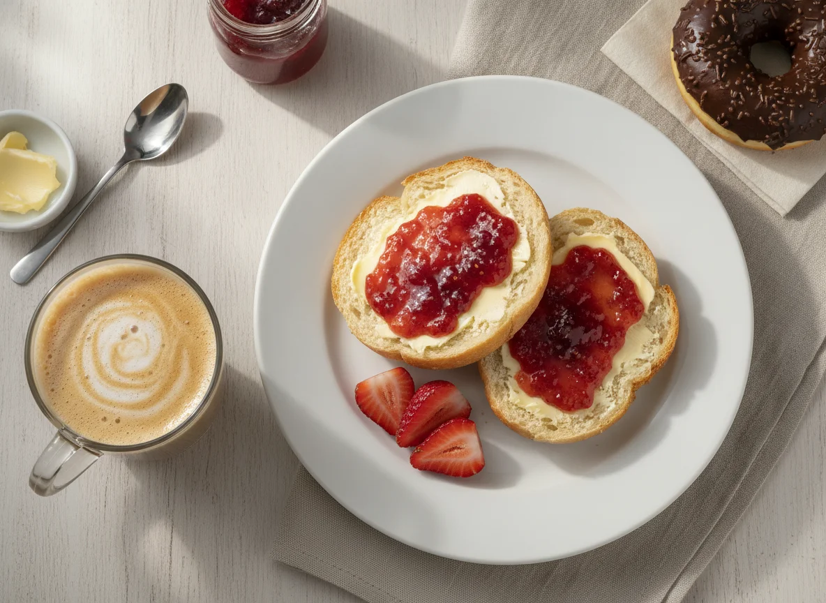 Desayuno con tostada, donut y café con leche photo
