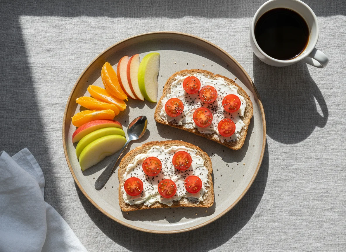 Desayuno con tostada, fruta y café photo