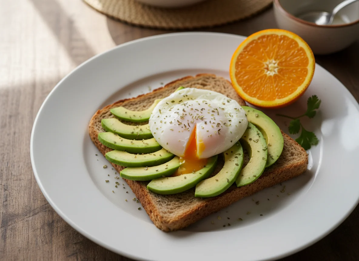 Desayuno con tostada, huevo y palta photo
