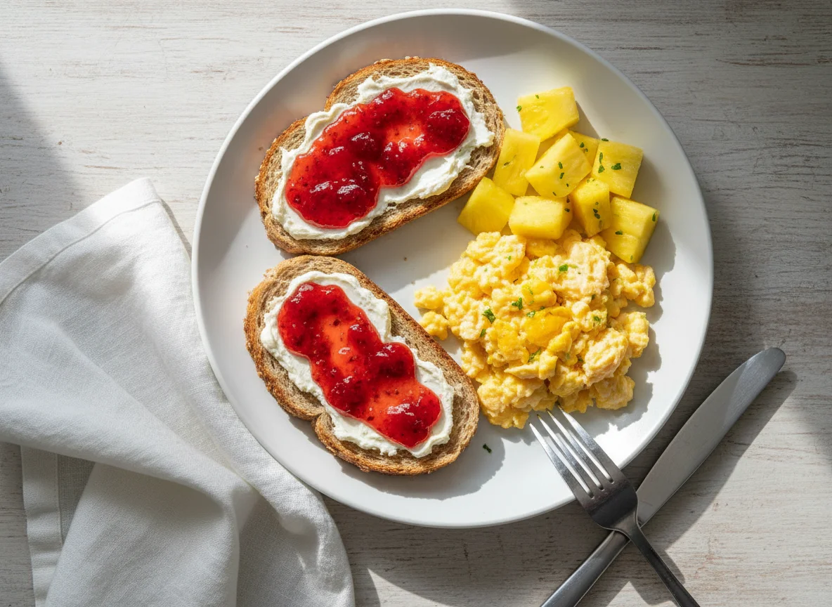 Desayuno con tostada, huevos revueltos y piña photo